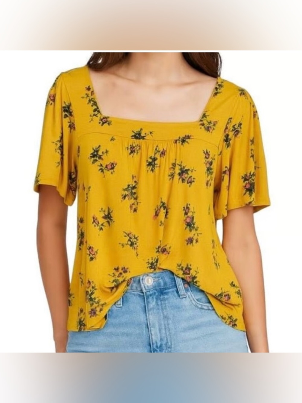 Lucky Brand Women’s Mustard Floral Square Neck Short Sleeve Top.  Size L.